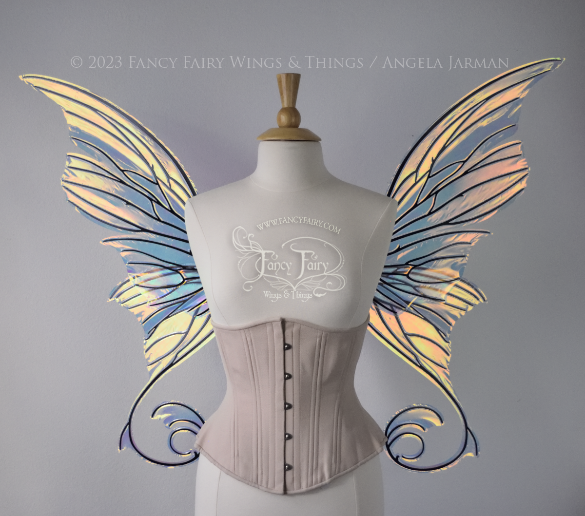 Aphrodite Iridescent Fairy Wings in Clear Diamond Fire with Black Veins, Ready to Ship