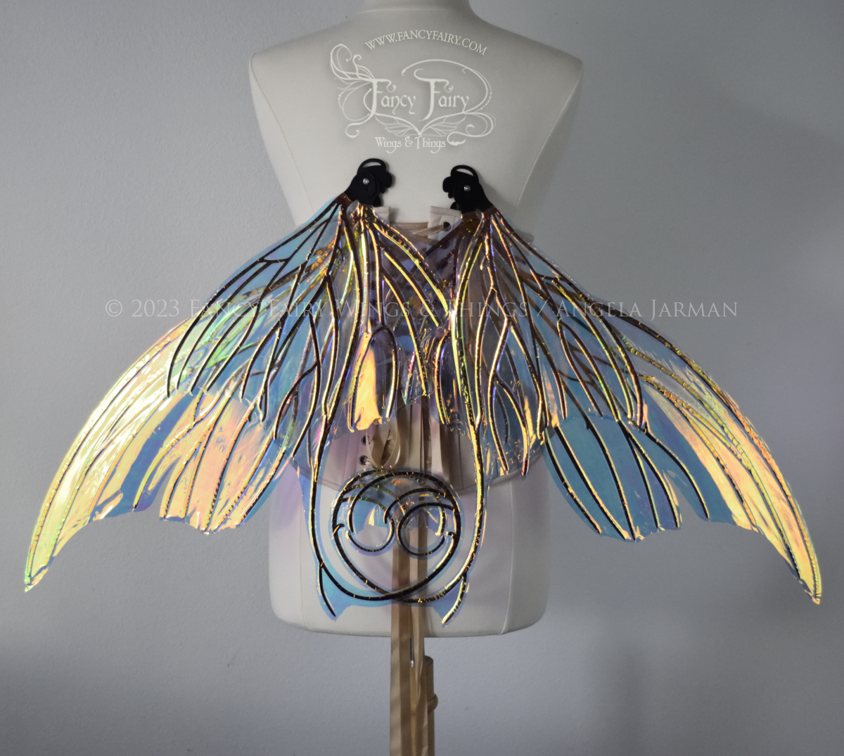 Aphrodite Iridescent Fairy Wings in Clear Diamond Fire with Black Veins, Ready to Ship