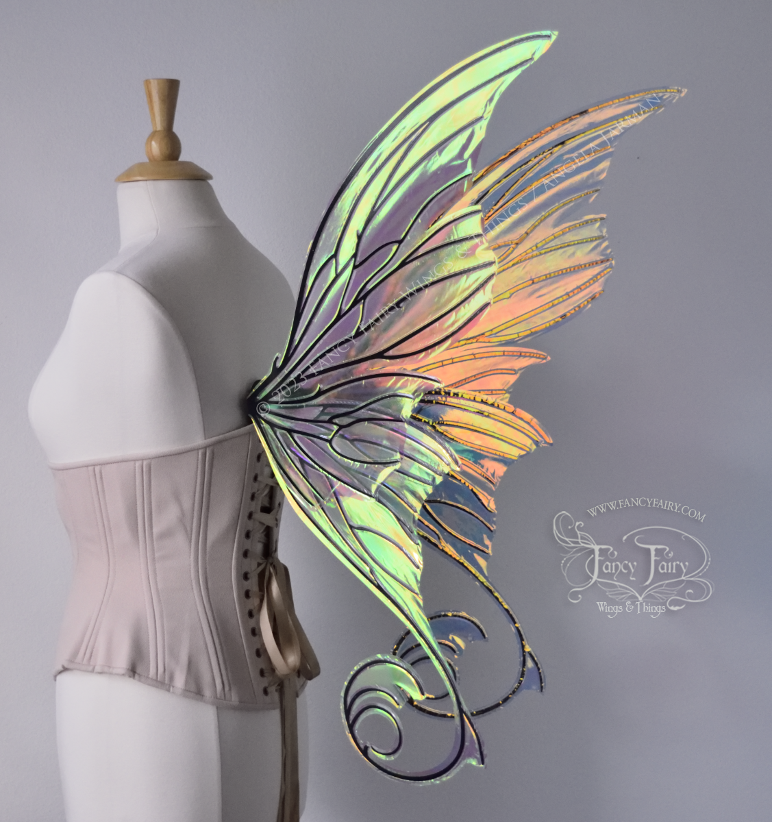 Aphrodite Iridescent Fairy Wings in Clear Diamond Fire with Black Veins, Ready to Ship