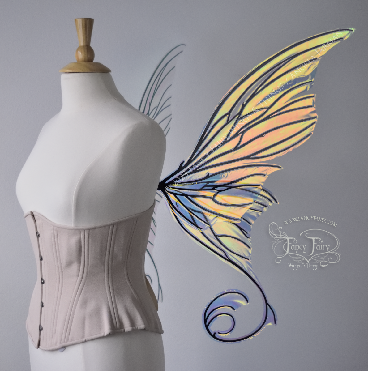 Aphrodite Iridescent Fairy Wings in Clear Diamond Fire with Black Veins, Ready to Ship