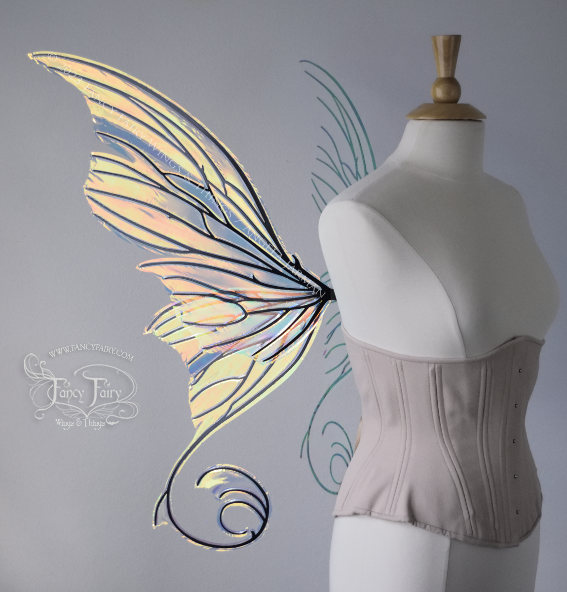 Aphrodite Iridescent Fairy Wings in Clear Diamond Fire with Black Veins, Ready to Ship