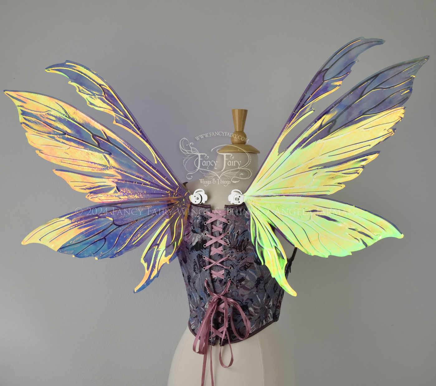 Iridescent fairy wings with pointed tips & antennae, painted with auroras & stars in pinks, purples & blues, with silver veins, back view