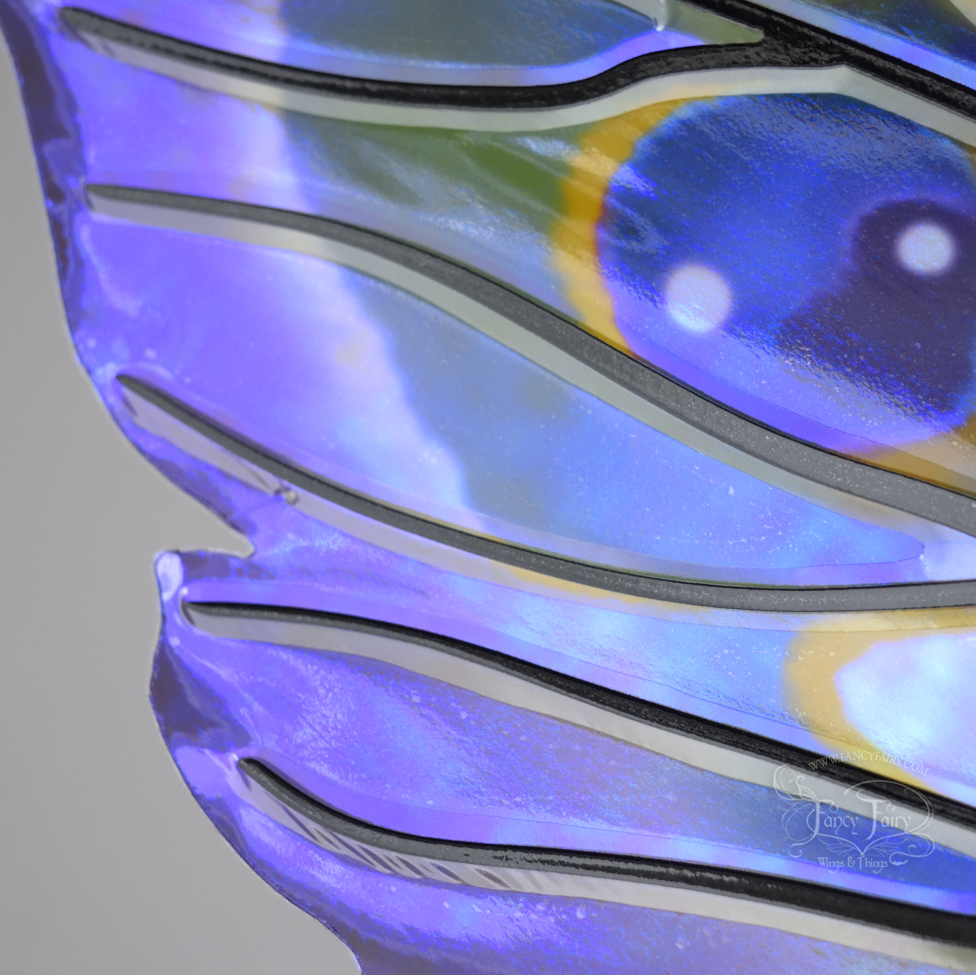 Closeup of transparent fairy wings with antennae have peacock 'eye' accents painted on violet iridescent film with black veins, tiny hole near middle vein