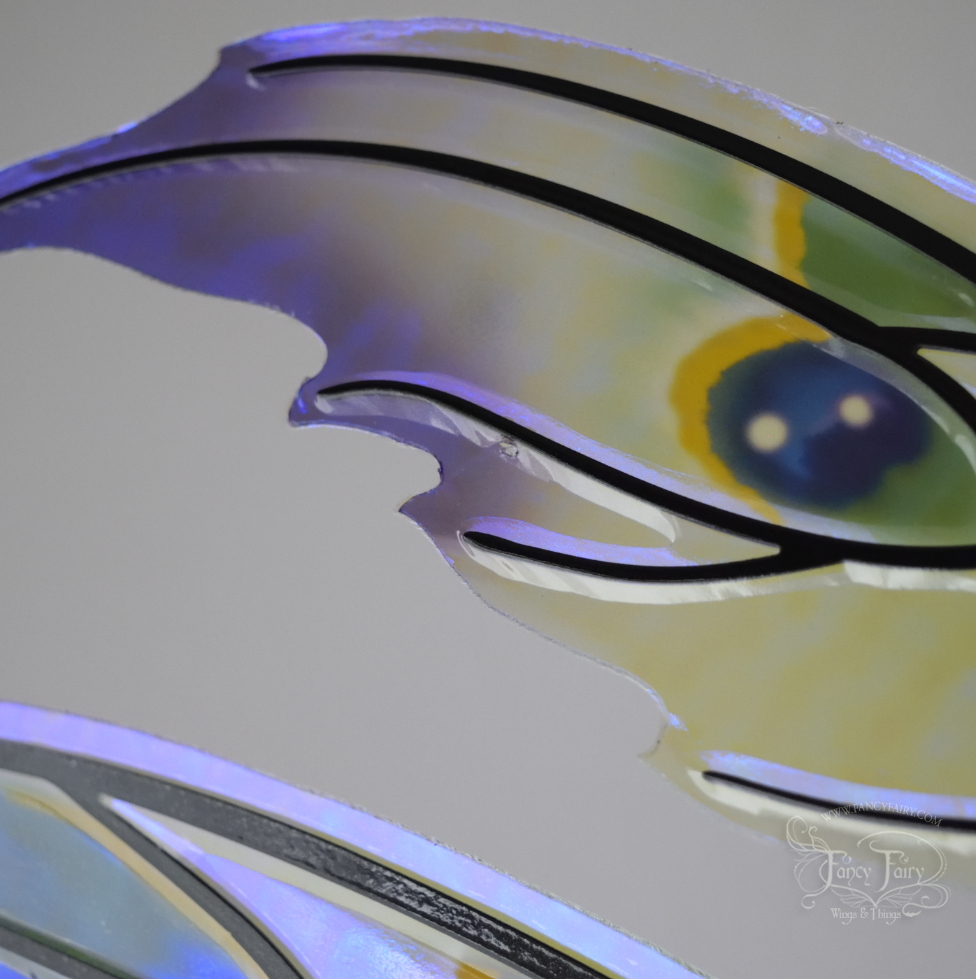 Closeup of transparent fairy wings with antennae have peacock 'eye' accents painted on violet iridescent film with black veins, tiny hole near middle vein