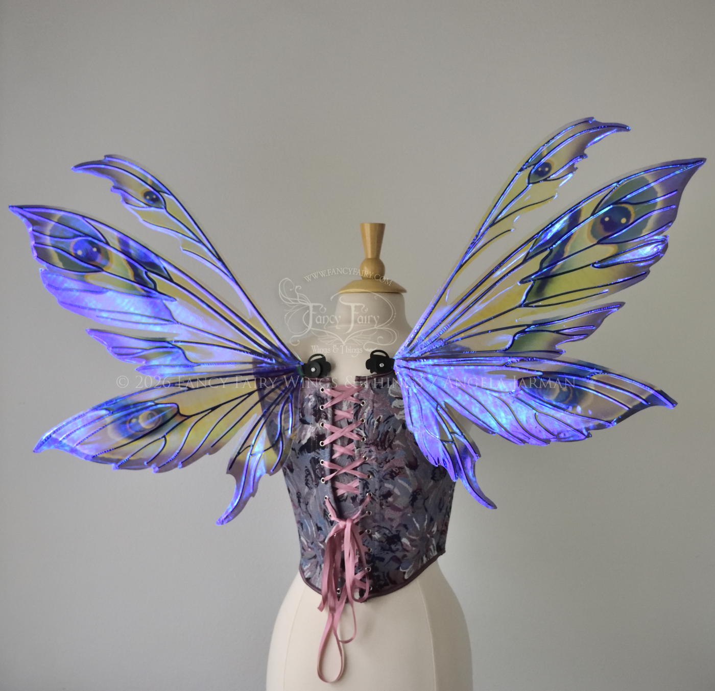 Large transparent fairy wings with antennae have peacock 'eye' accents painted on violet iridescent film with black veins, worn on dress form, back view