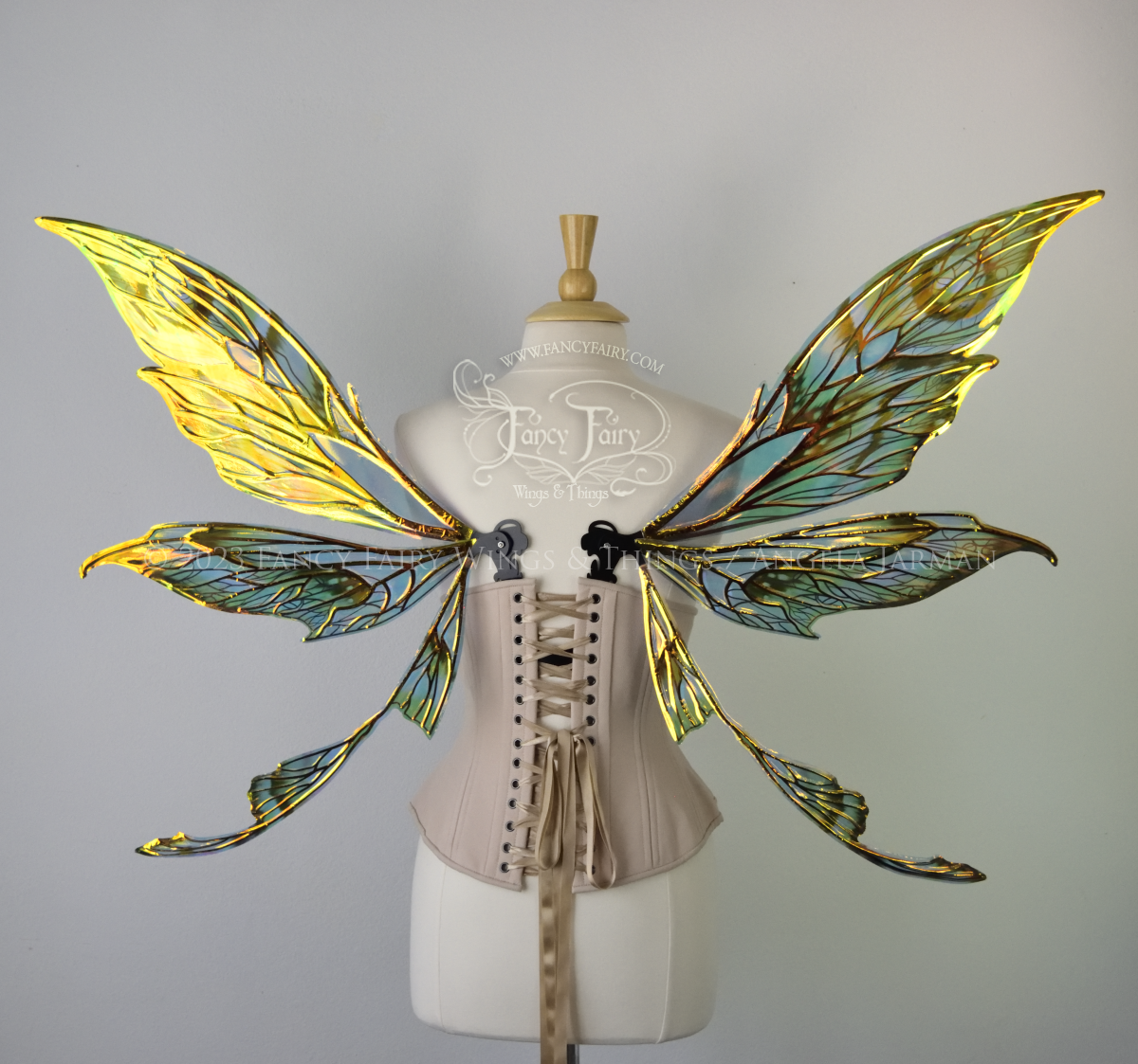 Back view of large green, gold & black painted iridescent fairy wings with black veins. Upper panels are elongated with pointed tips, a ‘tail’, lots of vein detail