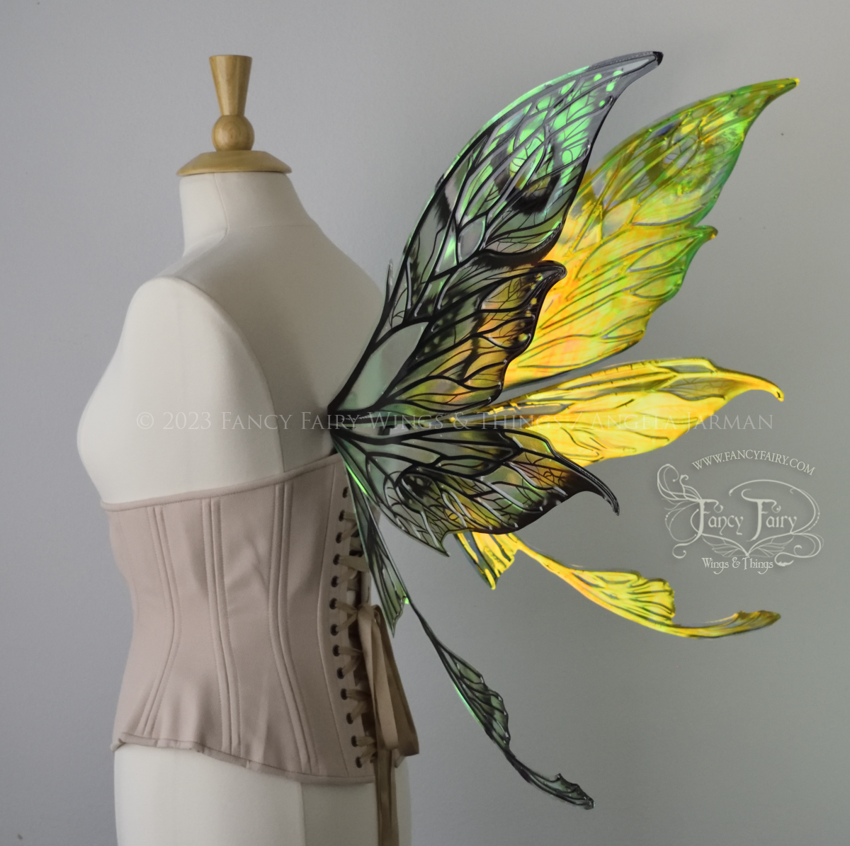 3/4 back view of large green, gold & black painted iridescent fairy wings with black veins. Upper panels are elongated with pointed tips, a ‘tail’, lots of vein detail