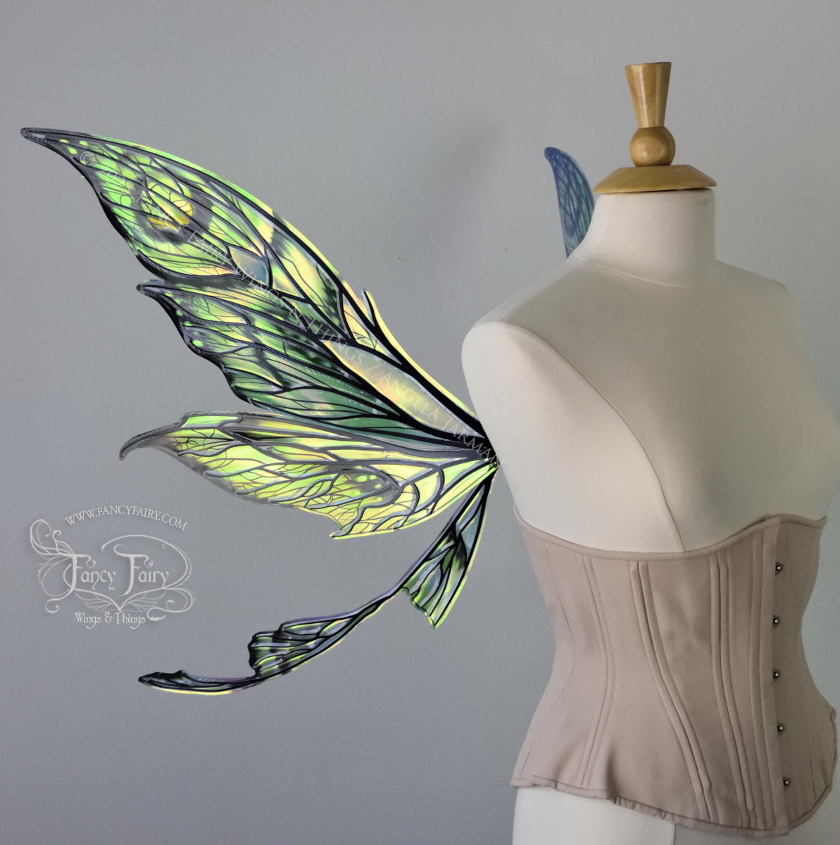 Left side view of large green, gold & black painted iridescent fairy wings with black veins. Upper panels are elongated with pointed tips, a ‘tail’, lots of vein detail