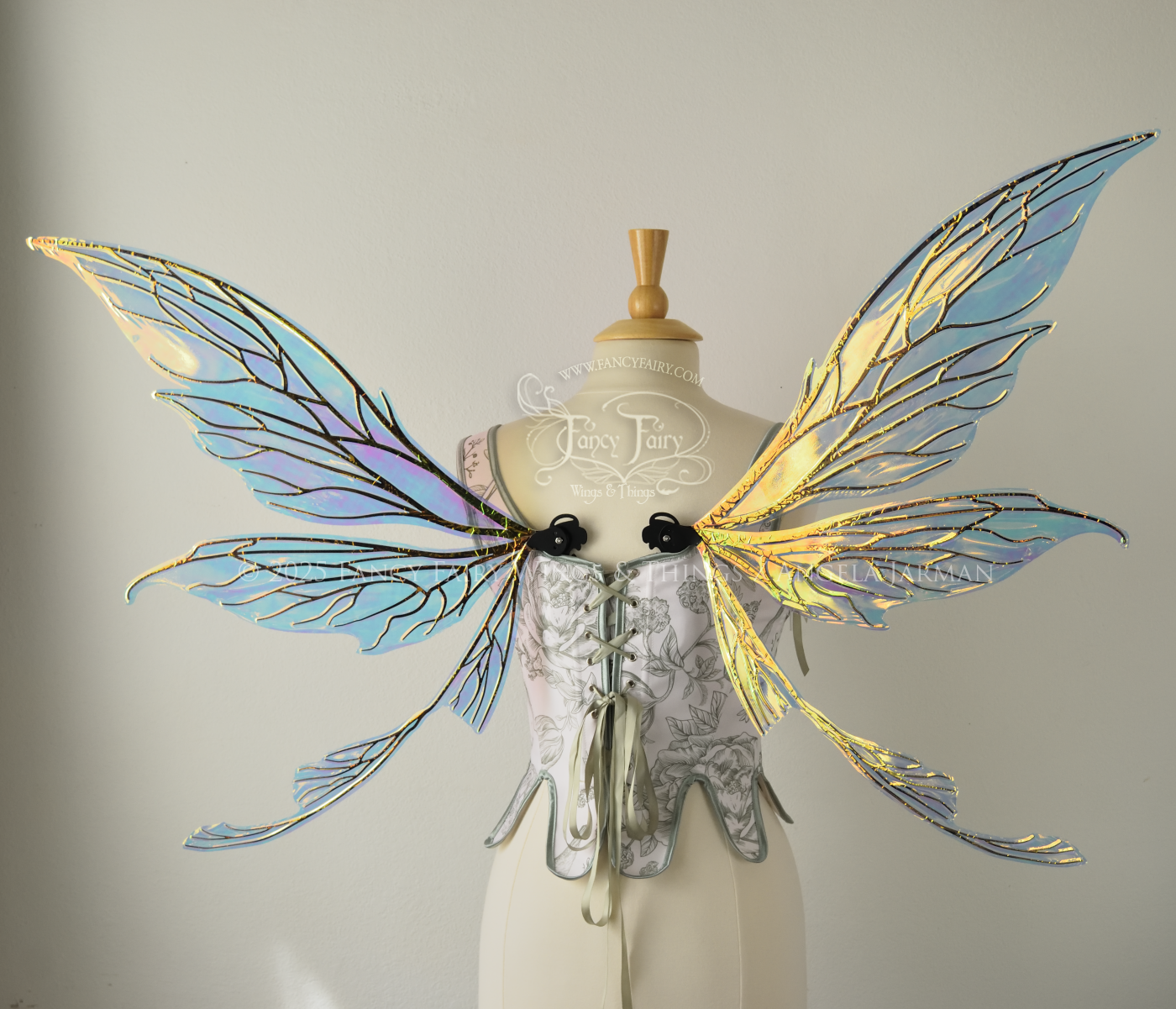 Transparent & iridescent fairy wings reflecting yellow, orange & green with black veins, worn on a dress form, back view