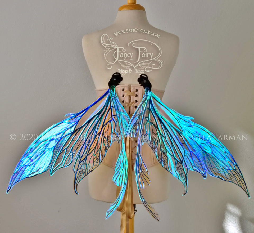Back view of an ivory dress form wearing an alabaster underbust corset and large blue opal iridescent fairy wings with black veins in a downward resting position.. Upper panels are elongated with pointed tips, curved ‘tail’, lots of thin vein detail