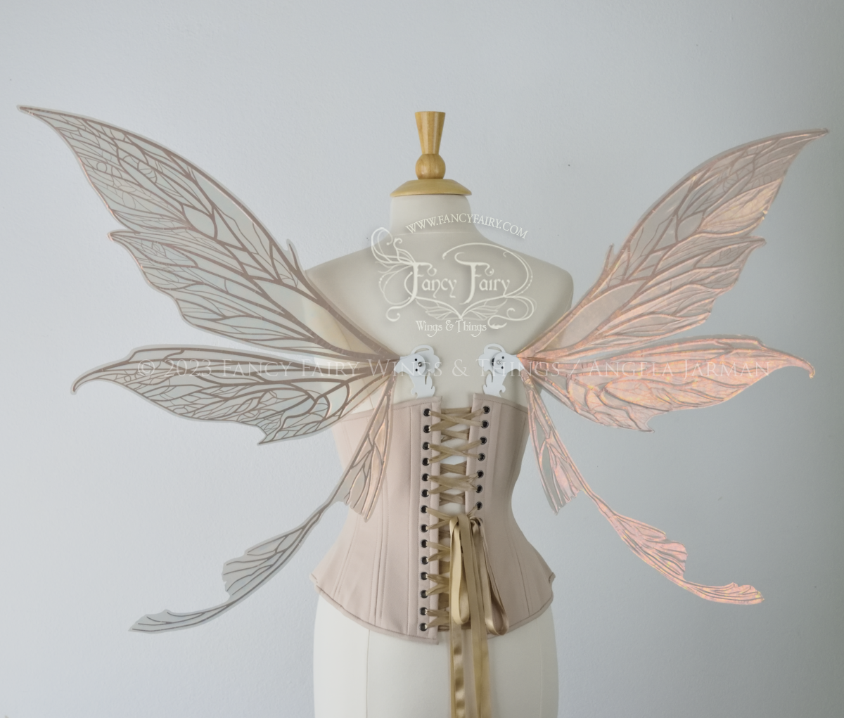 Back view of a dress form wearing an underbust corset and large Rose Gold iridescent fairy wings with tails & lots of detailed white veins.