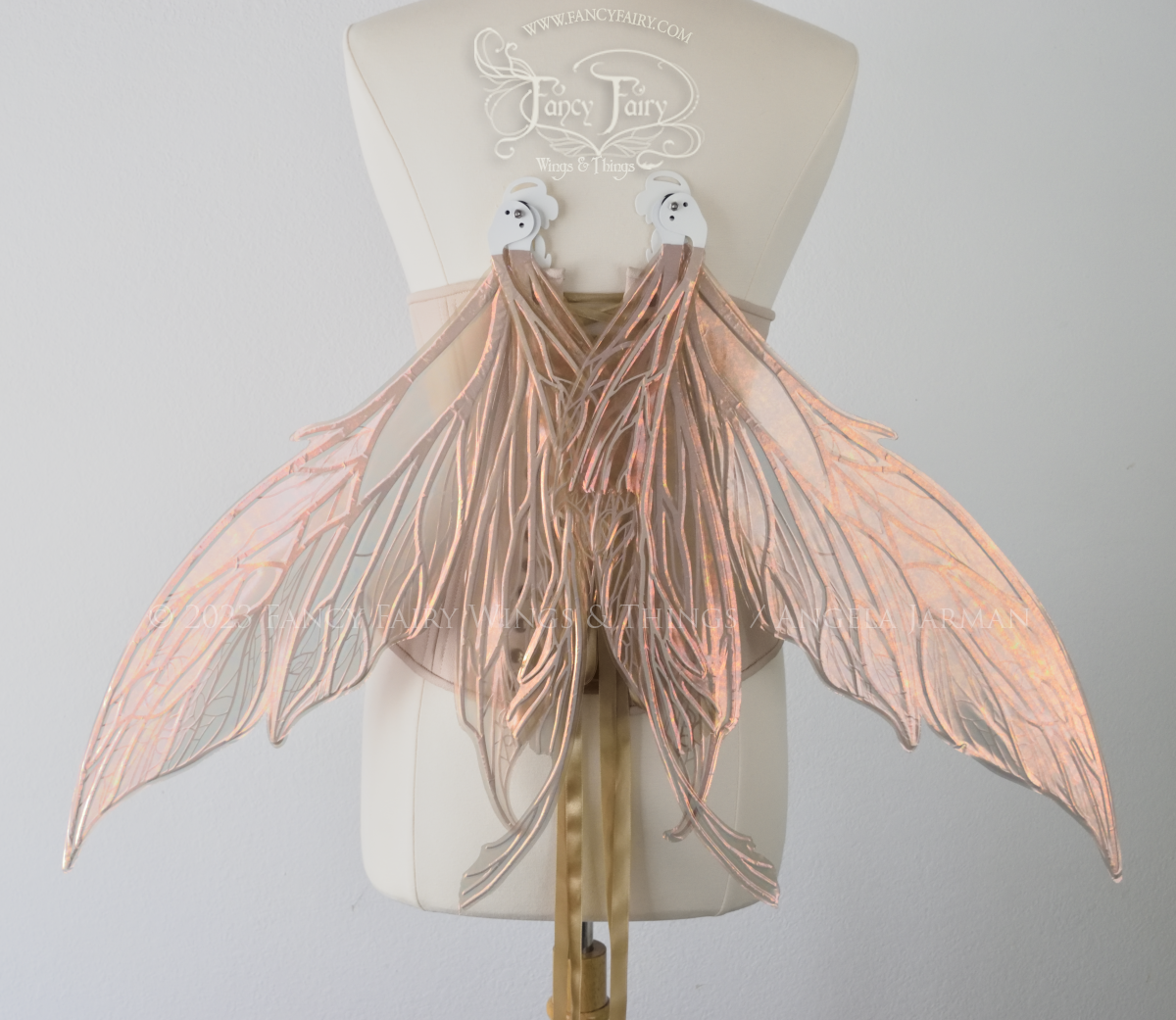 Back view of a dress form wearing an underbust corset and large Rose Gold iridescent fairy wings with white veins in resting position.