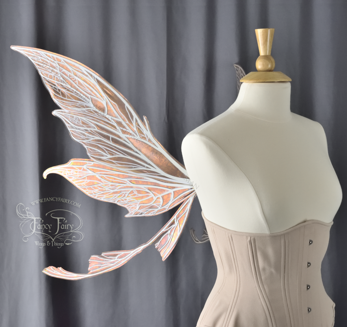 Lft side view of dress form wearing an underbust corset & large Rose Gold iridescent fairy wings with tails & lots of detailed white veins.