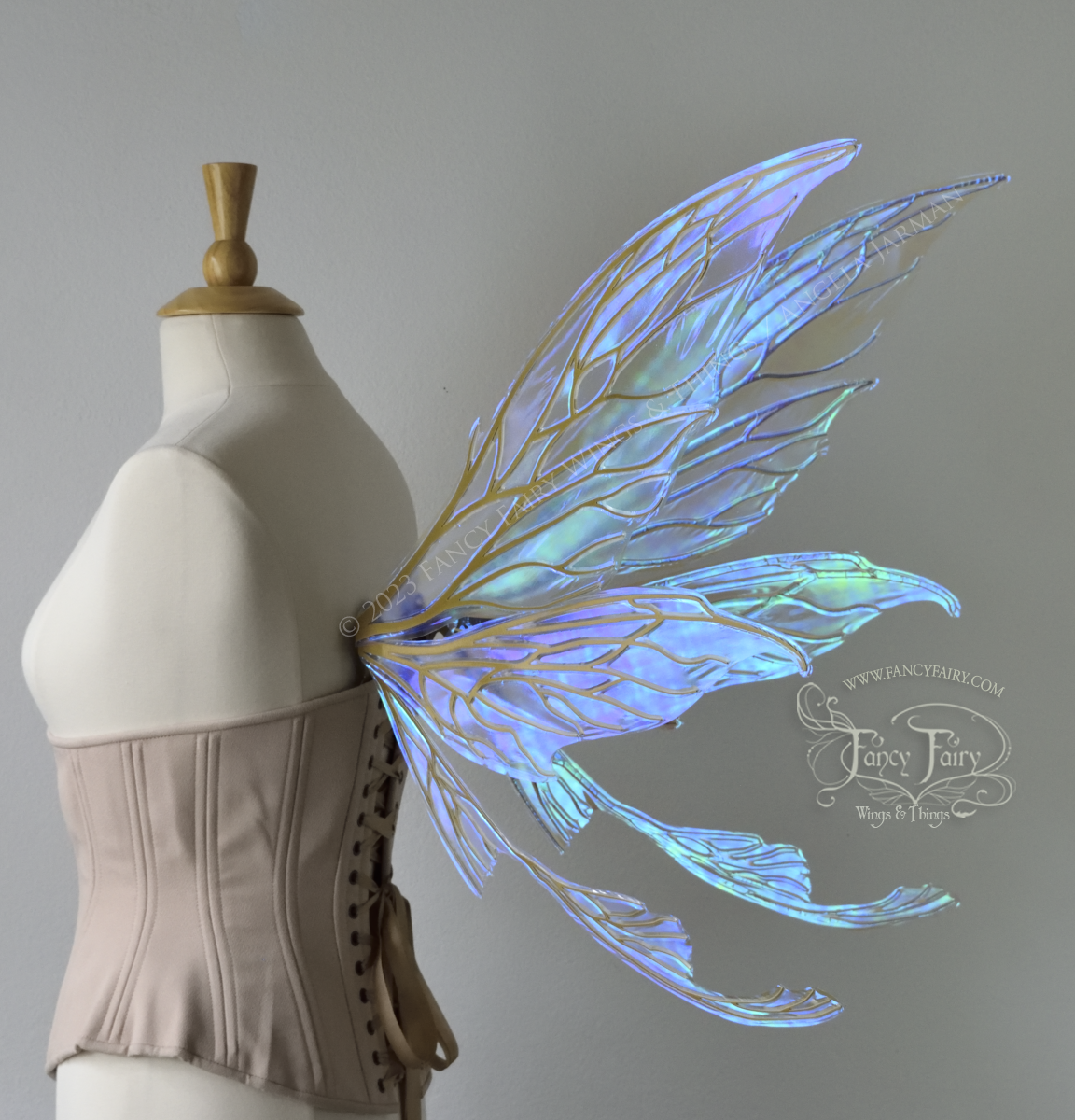 Back 3/4 view of a dress form wearing an underbust corset & large blue iridescent fairy wings with gold veins. Upper panels are elongated with pointed tips, curved ‘tail’ 