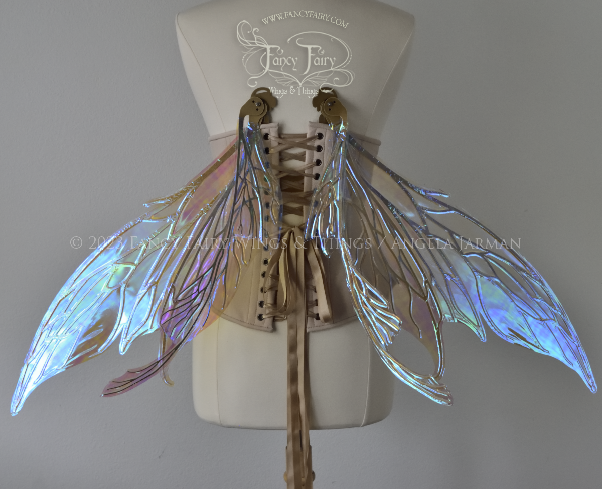 Back view of a dress form wearing an underbust corset & large blue iridescent fairy wings with gold veins. Upper panels are elongated with pointed tips, curved ‘tail’ , wings in resting position