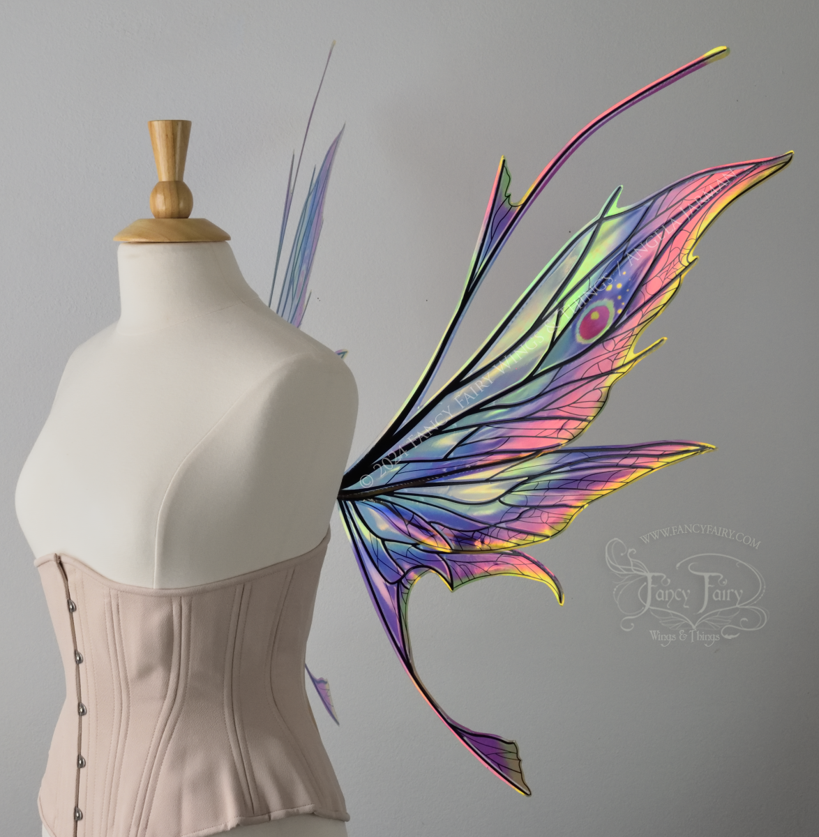 Right side view of a dress form wearing an underbust corset & large rainbow iridescent fairy wings featuring antennae along the top. Upper panels come to a point, bottom panels have tails. Spikey, detailed black veins