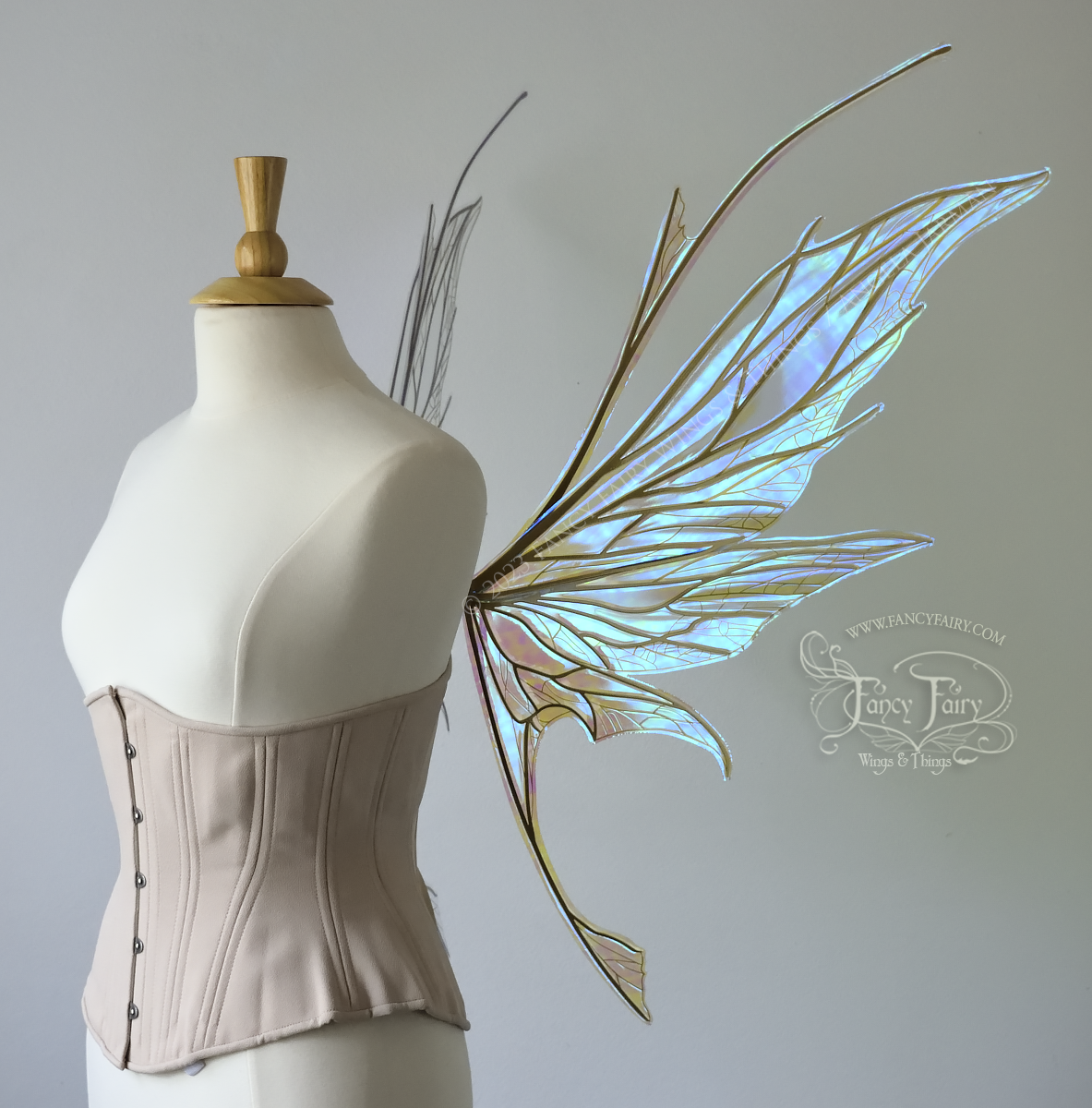 Right side view of a dress form wearing an underbust corset & large blue/green iridescent fairy wings with antennae, gold veins, spikey shapes