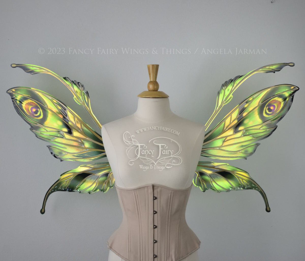 Front view of a dress form wearing an underbust corset & large iridescent fairy wings with green & gold color pattern