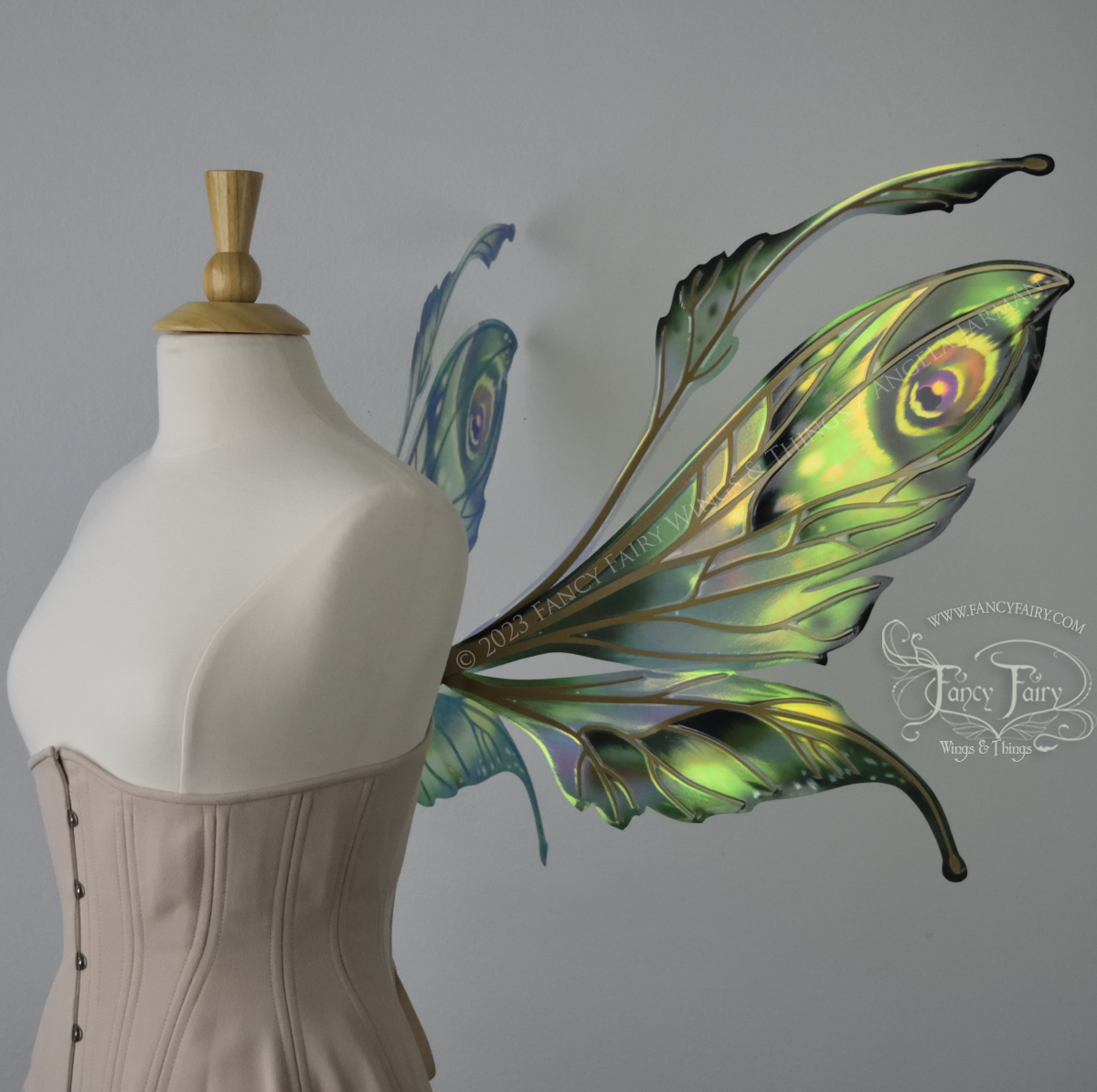 Right side view of a dress form wearing an underbust corset & large iridescent fairy wings with green & gold color pattern