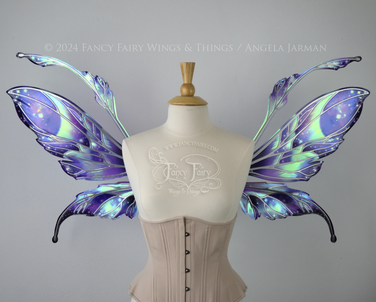 Ready to Ship Datura 'Galactic Aurora' Painted Iridescent Convertible Fairy Wings with silver Veins