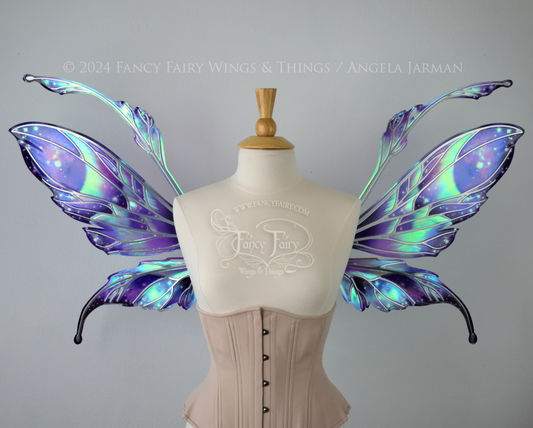 Ready to Ship Datura 'Galactic Aurora' Painted Iridescent Convertible Fairy Wings with silver Veins