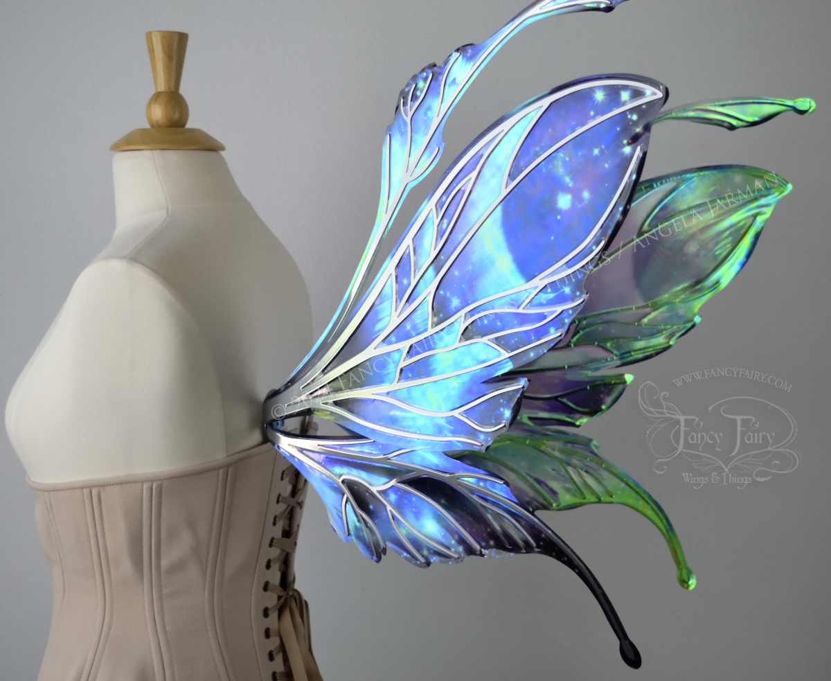 Ready to Ship Datura 'Galactic Aurora' Painted Iridescent Convertible Fairy Wings with silver Veins