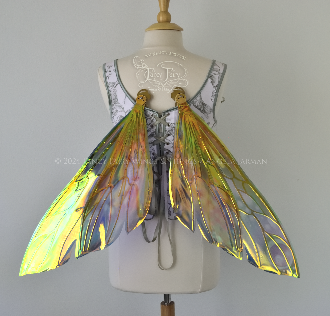 Back view of iridescent fairy wings in various shades of green, teal, blue, lavender with touches of pink, with gold veins, worn on a dress form with white & green corset, in resting position