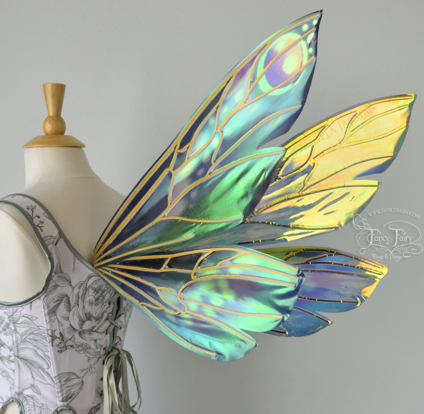 Back 1/4 view of iridescent fairy wings in various shades of green, teal, blue, lavender with touches of pink, with gold veins, worn on a dress form with white & green corset