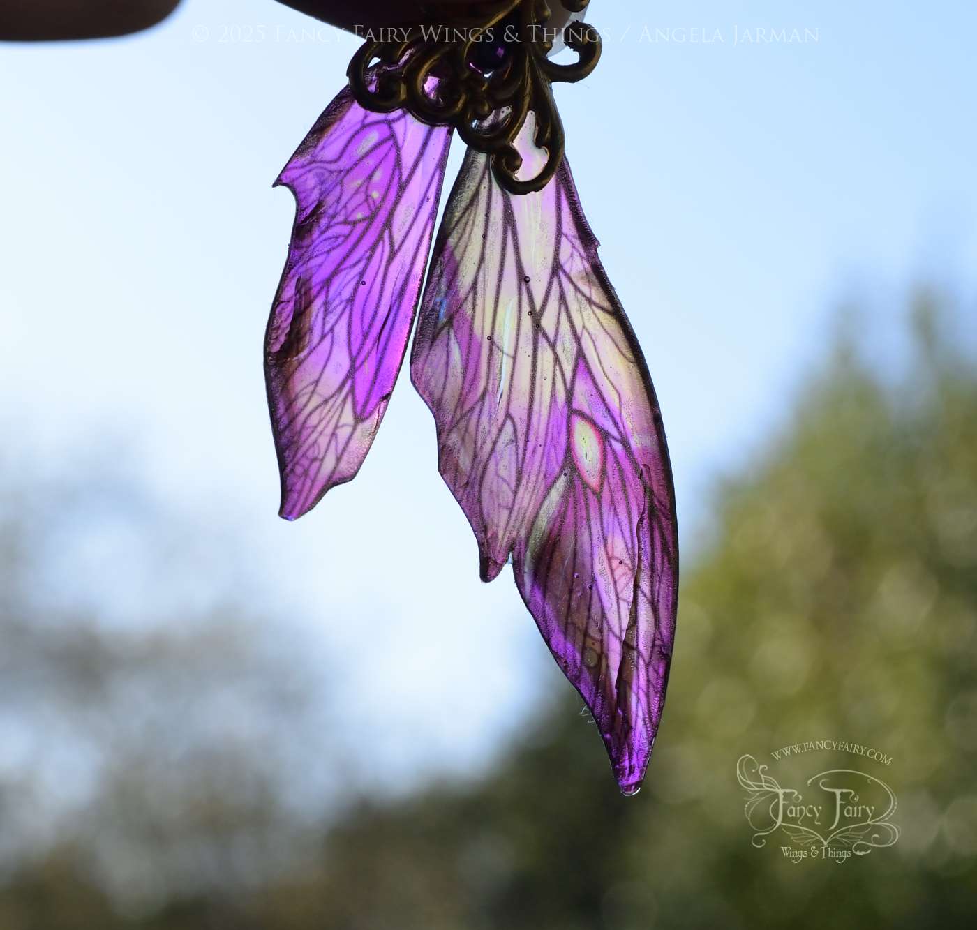 Iridescent fairy wing earrings in purple with brass filigree are back lit & dangled in front of a bright light blue sky