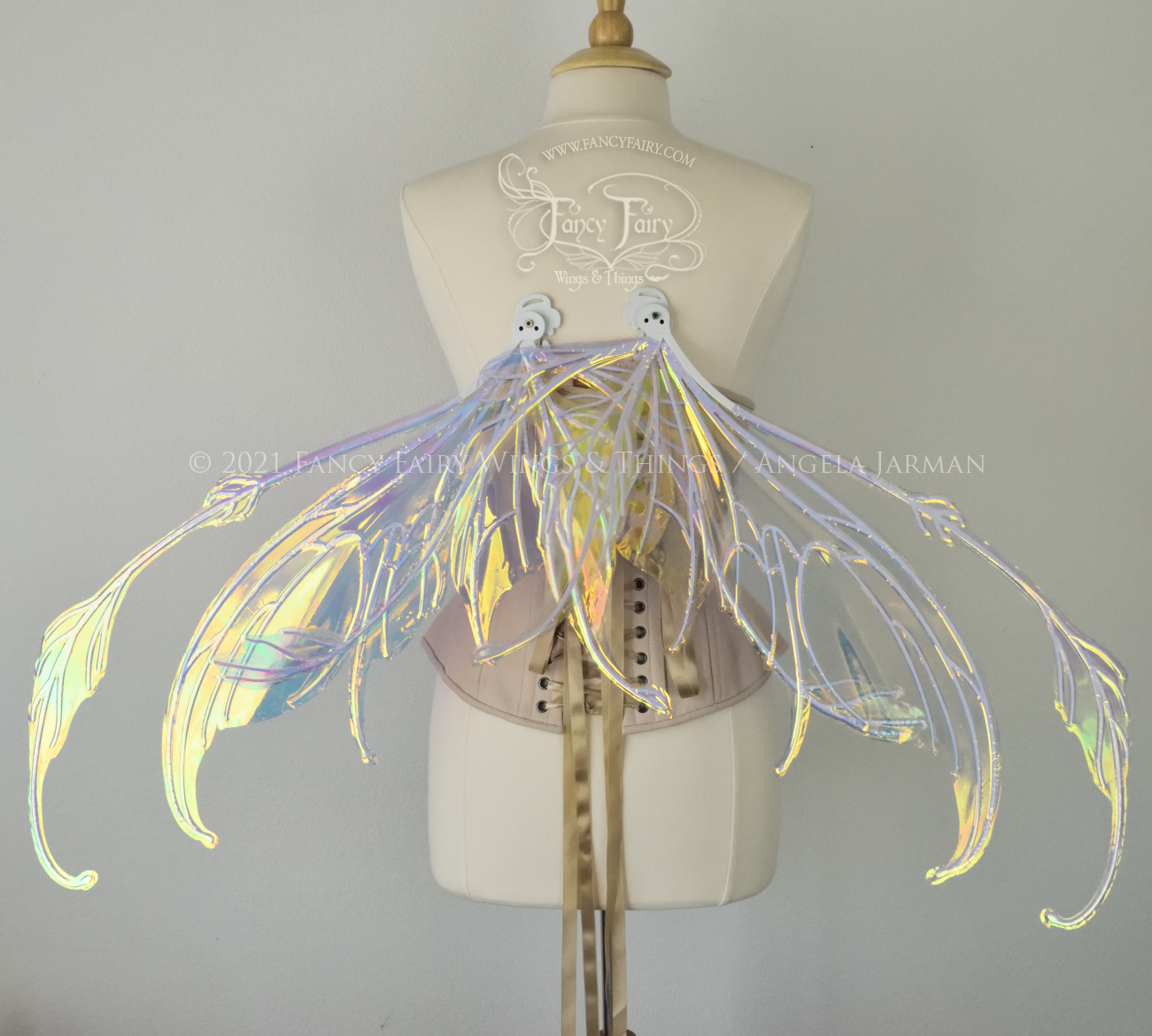 Back view of a dress form wearing an underbust corset & 'Fauna' transparent iridescent fairy wings with downward curved tips, antennae & wispy 'tails' in resting position, with white veining