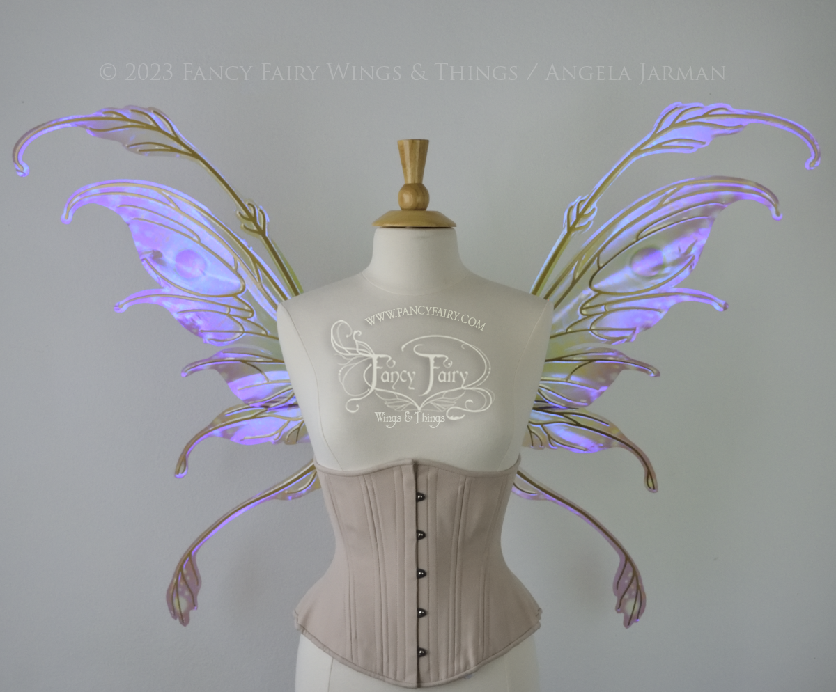 Front view of a dress form wearing an underbust corset & 'Fauna' transparent pink, violet & green iridescent fairy wings with downward curved tips, antennae & wispy 'tails', with gold veining