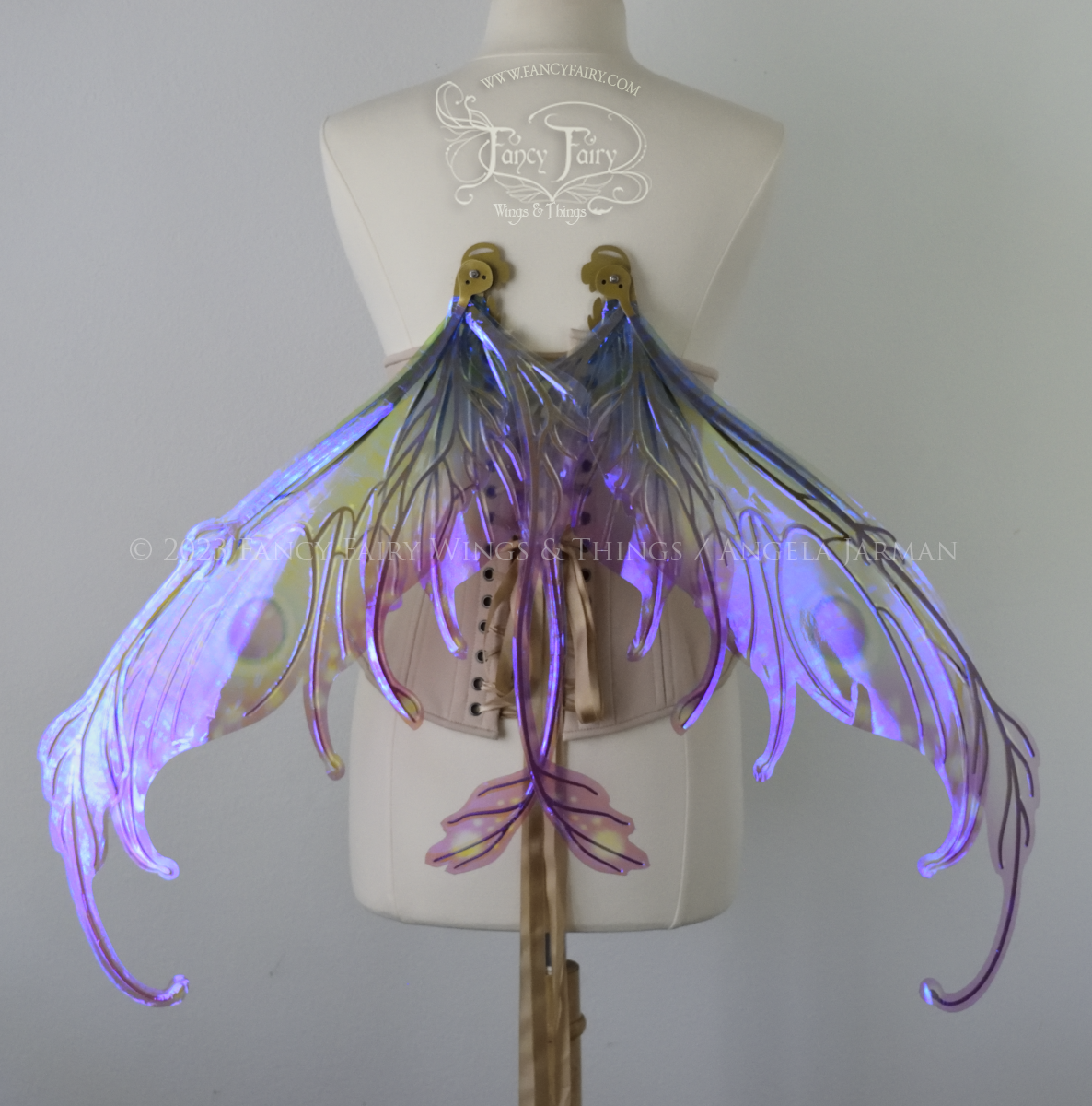 Back view of a dress form wearing an underbust corset & 'Fauna' transparent pink, violet & green iridescent fairy wings with downward curved tips, antennae & wispy 'tails', with gold veining, in resting position