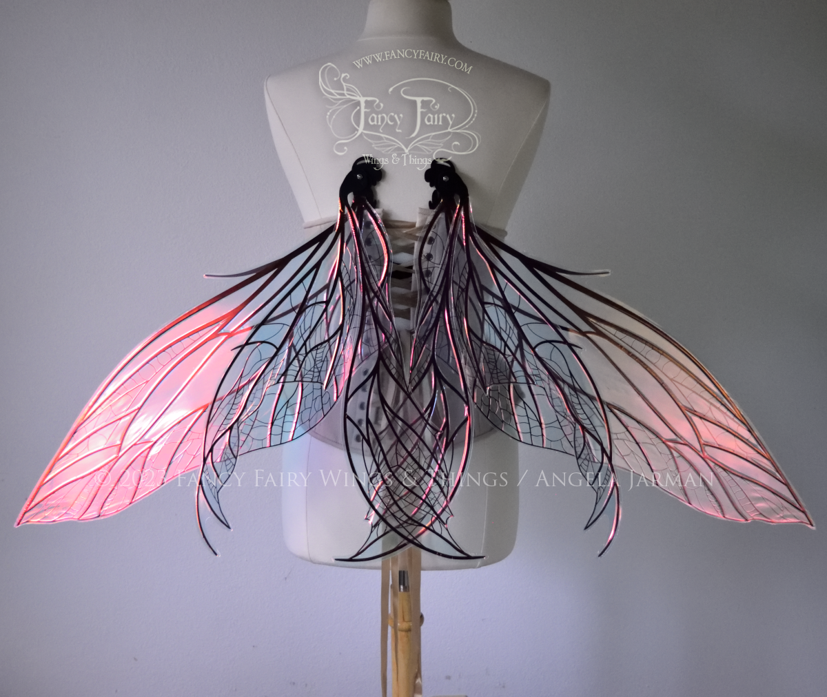 Back view of an ivory dress form wearing an alabaster underbust corset and large Blush iridescent fairy wings. Upper panels are elongated with pointed tips, 2 lower panels curve downward, lots of thin vein detai. They're in resting position