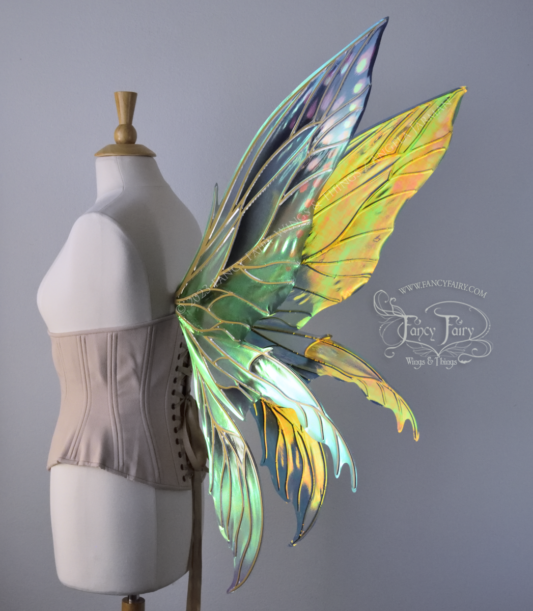 3/4 back view of large fairy wings in iridescent green and blue with pink spots near the tips of the upper panels, with gold veins, worn on a dressform