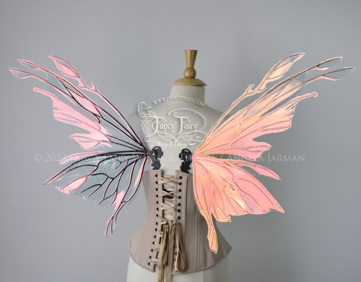 Back view of an ivory dress form wearing an alabaster underbust corset & large blush pink iridescent fairy wings with elongated upper panels with petal like appendages at the tips & antennae, the veins are black