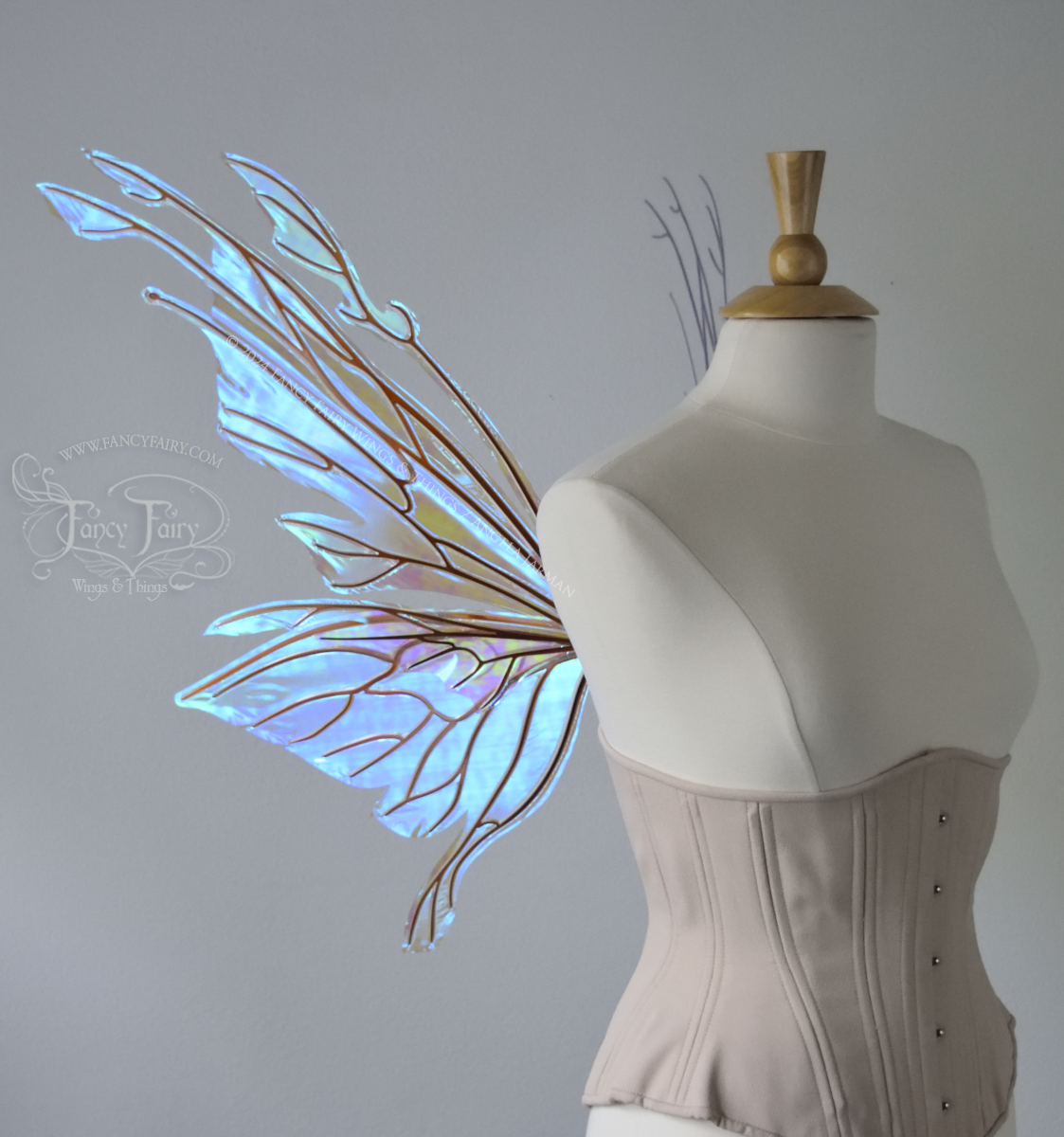 Large blue green iridescent fairy wings with copper veins worn with an alabaster corset on a dress form, left side view