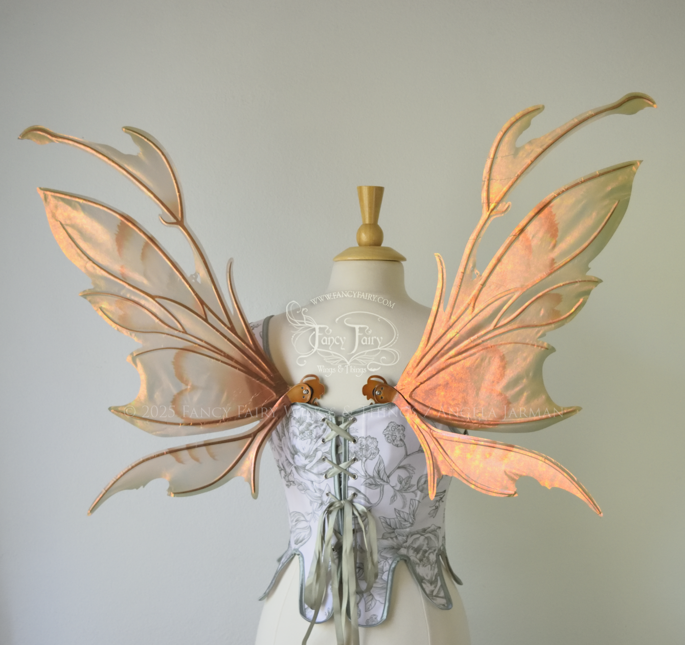 Rose Gold iridescent fairy wings with antennae and brown & olive green accents, copper veins, worn on a dress form, back view