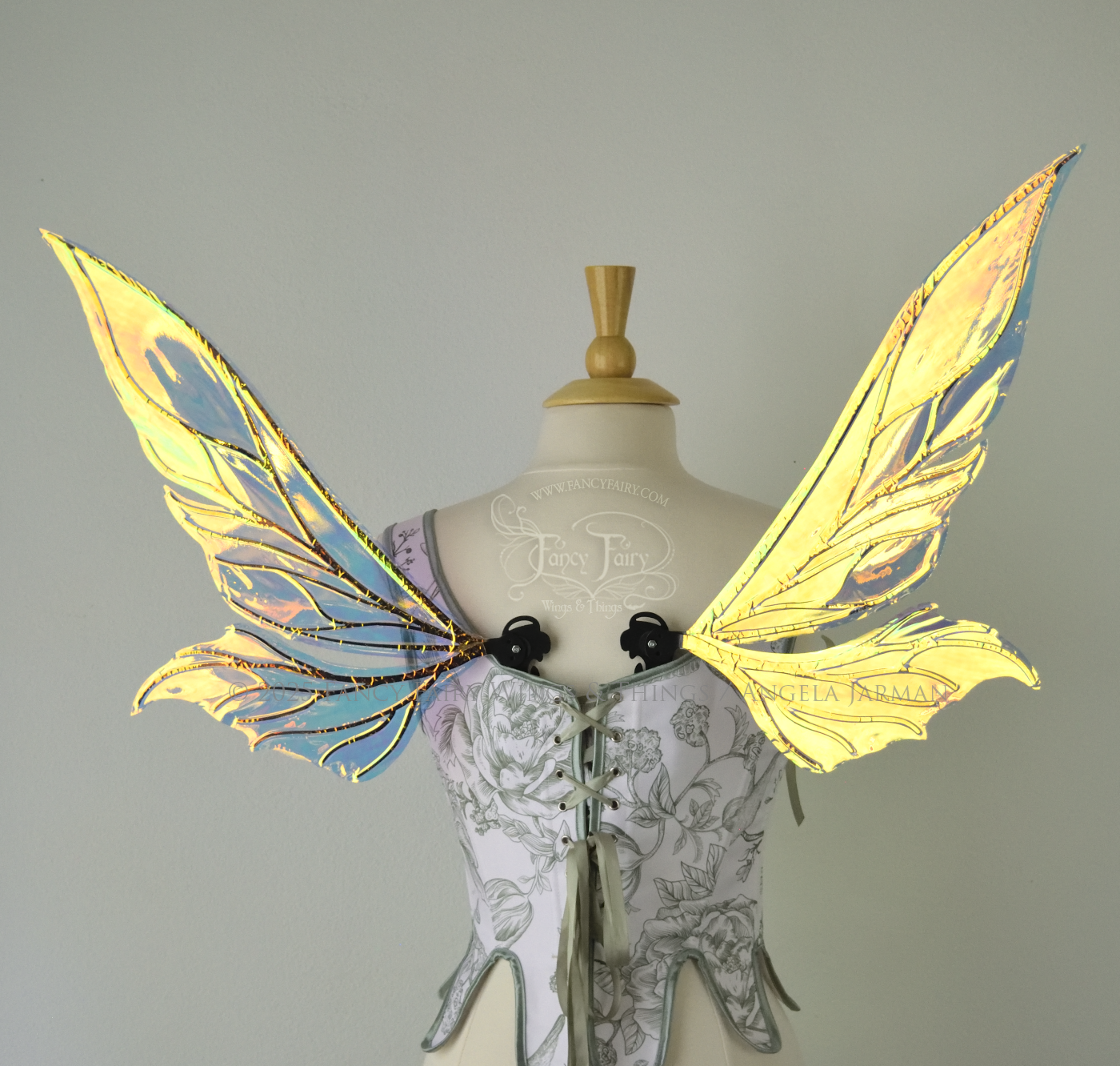 Iridescent green / orange / yellow fairy wings with elongated pointy upper panels and small leaf like lower panels, with black veins, back view