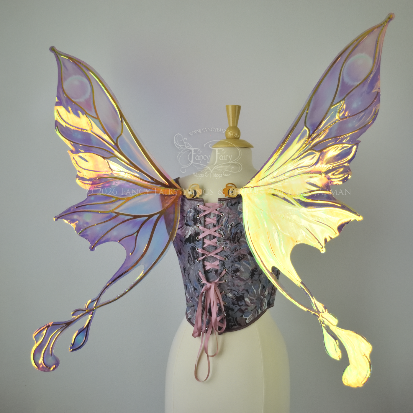 Large iridescent fairy wings with long double tails, in shades of plum, rose, and touches of green with copper veins, worn on a dress form. Back view.