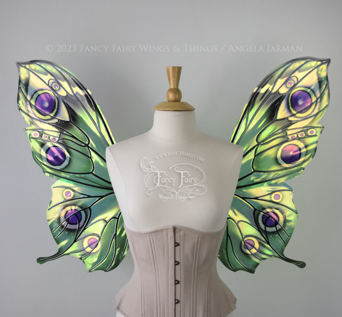 Front view of iridescent green, black and fuchsia costume fairy wings, worn on a dressform