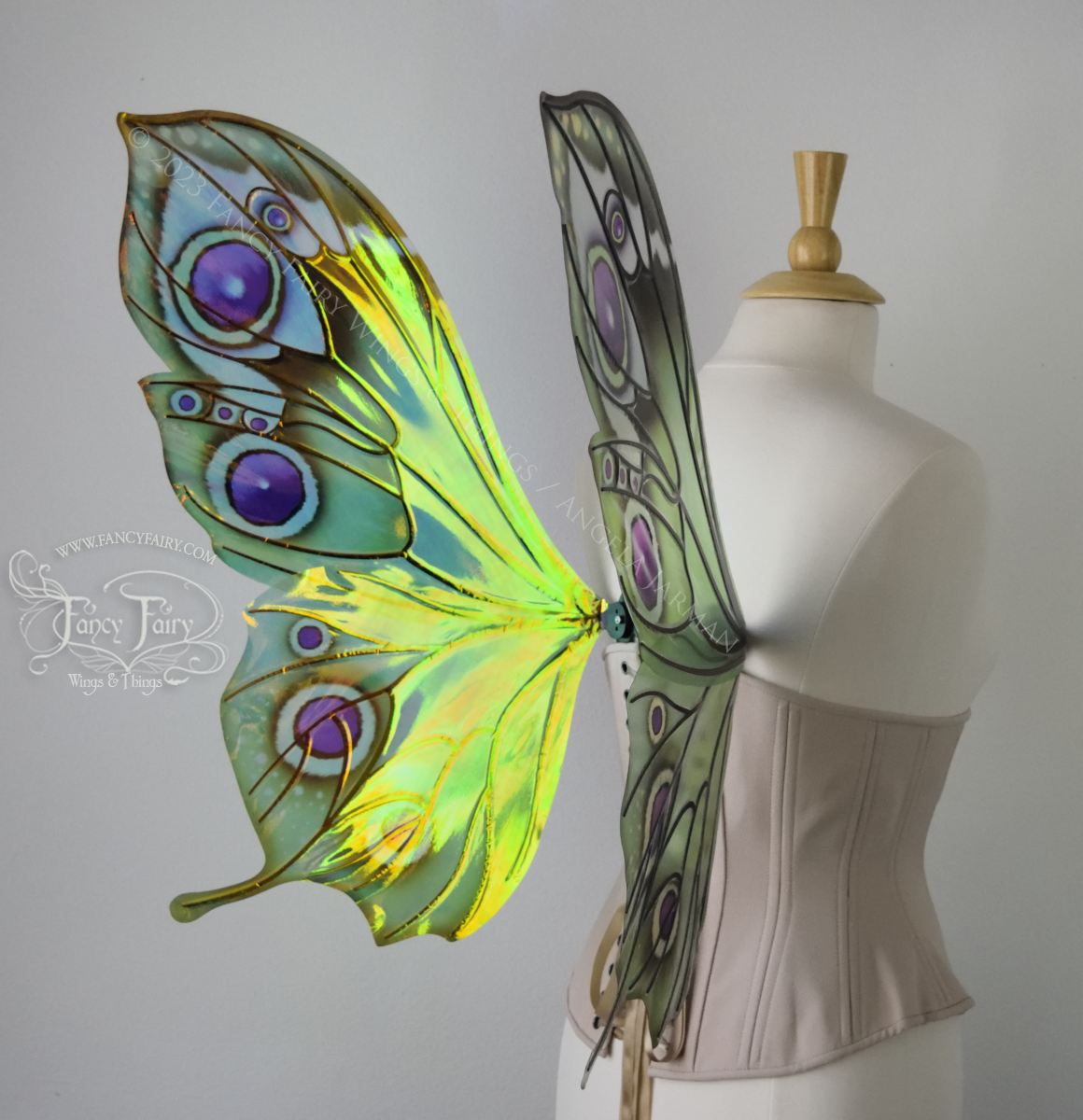 Back left 3/4 view of iridescent green, black and fuchsia costume fairy wings, worn on a dressform
