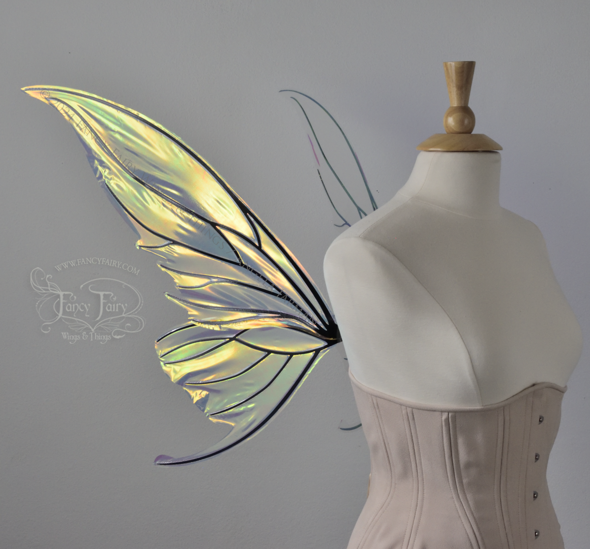 Left side view of transparent iridescent fairy wings with slightly curved & pointed upper tips and 'tails' on the bottom panel that swoop up, the veins are black