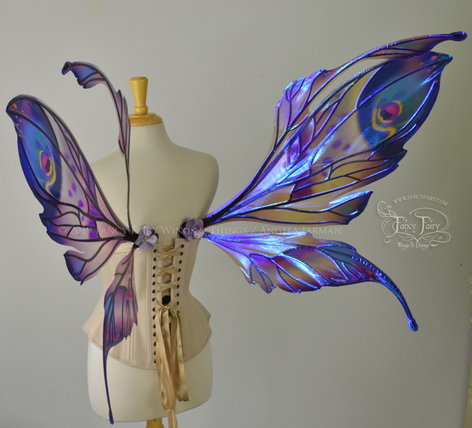 Back 3/4 view of a dress form wearing an underbust corset & extra large iridescent fairy wings with mauve purple & blue color pattern 