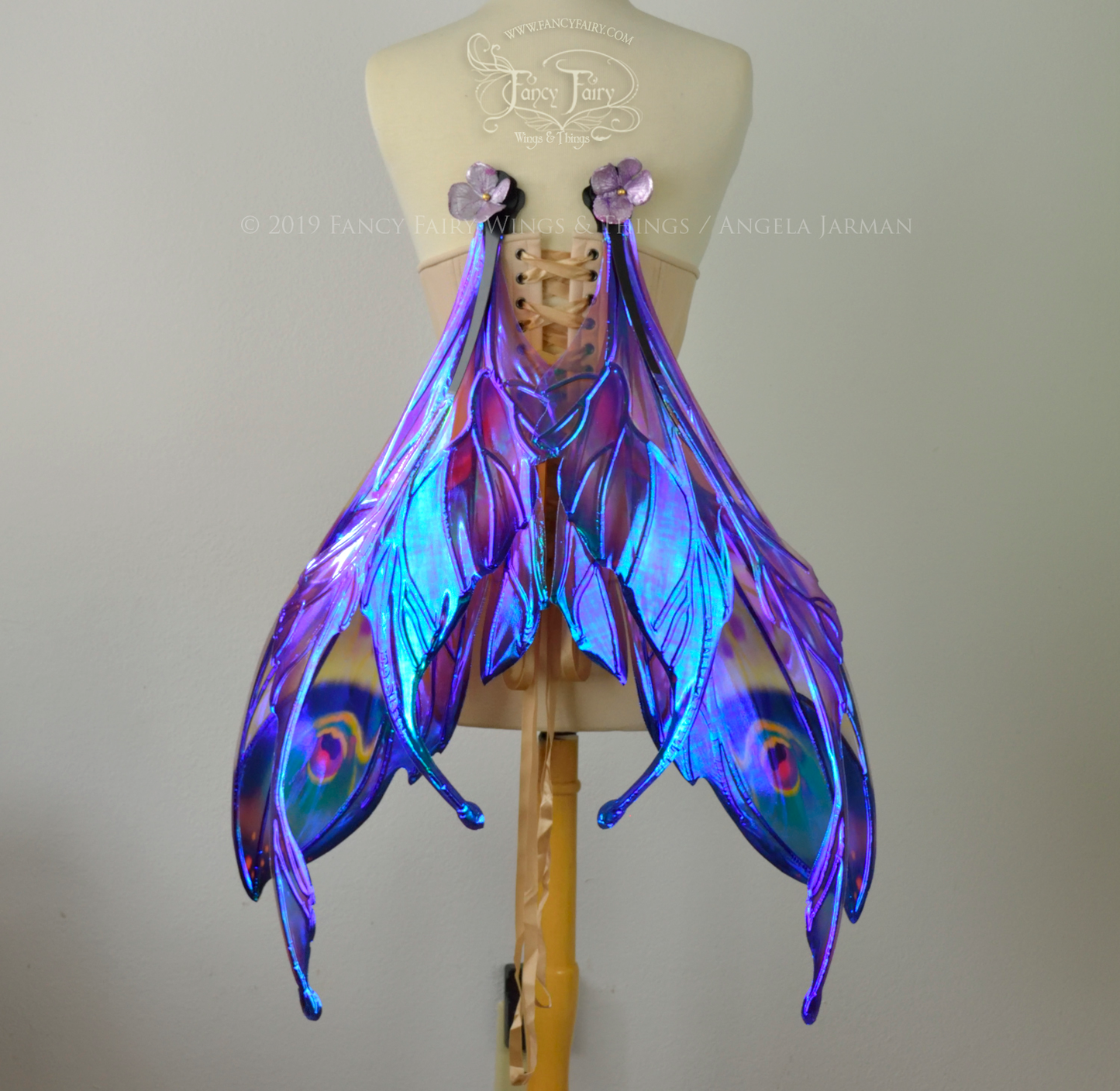 Back view of a dress form wearing an underbust corset & extra large iridescent fairy wings with mauve purple & blue color pattern , in resting position