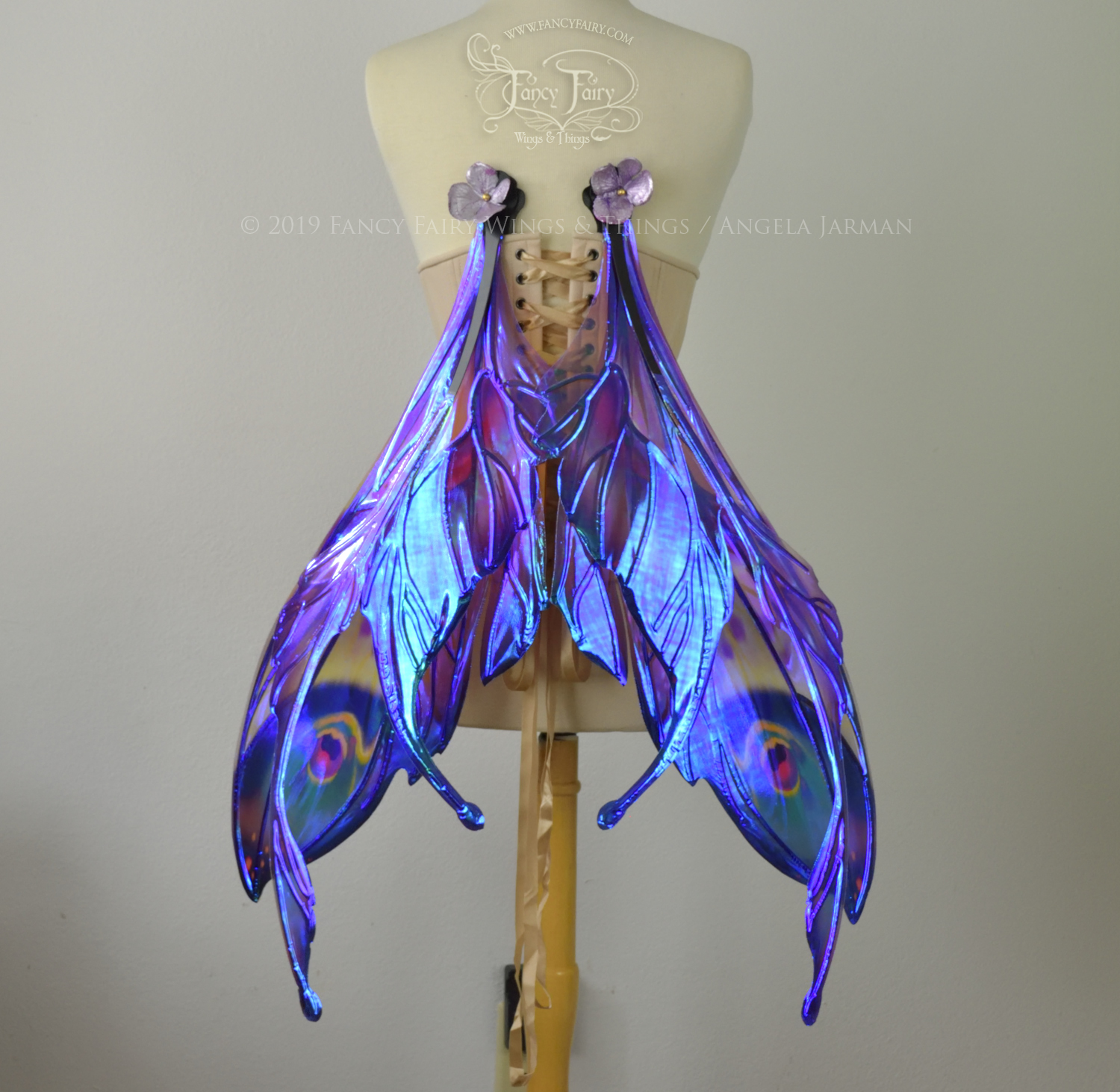 Back view of a dress form wearing an underbust corset & extra large iridescent fairy wings with mauve purple & blue color pattern , in resting position