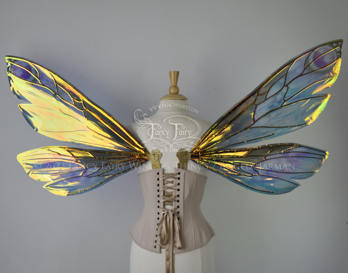 Back view of extra large iridescent fairy wings in various shades of green, teal, blue, lavender with touches of pink, with gold veins, worn on a dress form with underbust corset