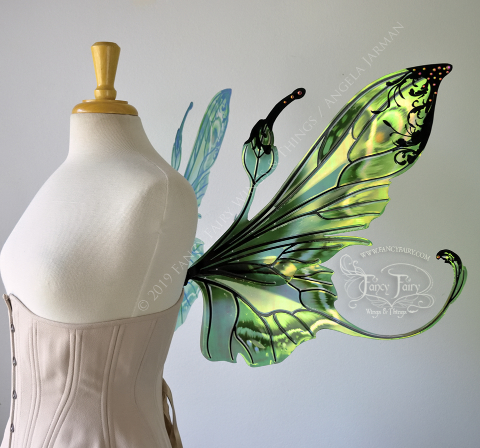 Elvina "Absinthe & Arsenic" Flocked Iridescent Convertible Fairy Wings with AB Crystals