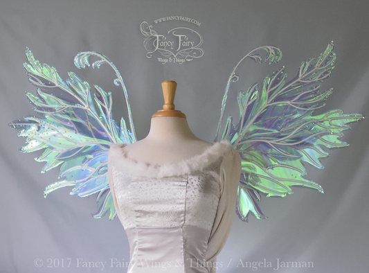 Acorn / Rowan Hybrid Iridescent Fairy Wings in Aquamarine with Pearl Veins and Swarovski Crystals