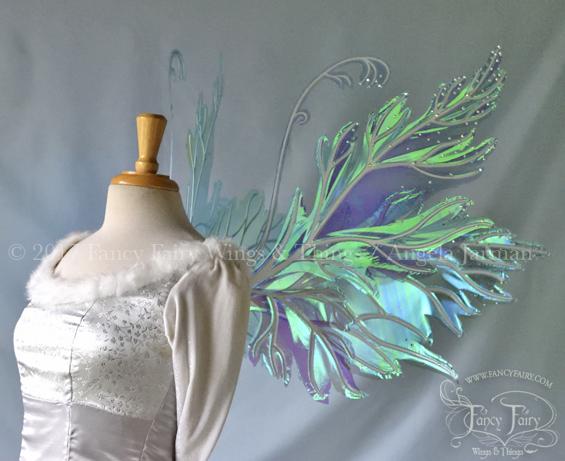 Acorn / Rowan Hybrid Iridescent Fairy Wings in Aquamarine with Pearl Veins and Swarovski Crystals