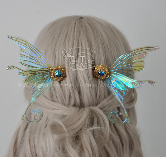 Aphrodite 3 and 1/5 inch Aquamarine Fairy Wing Hair Combs with Silver Veins